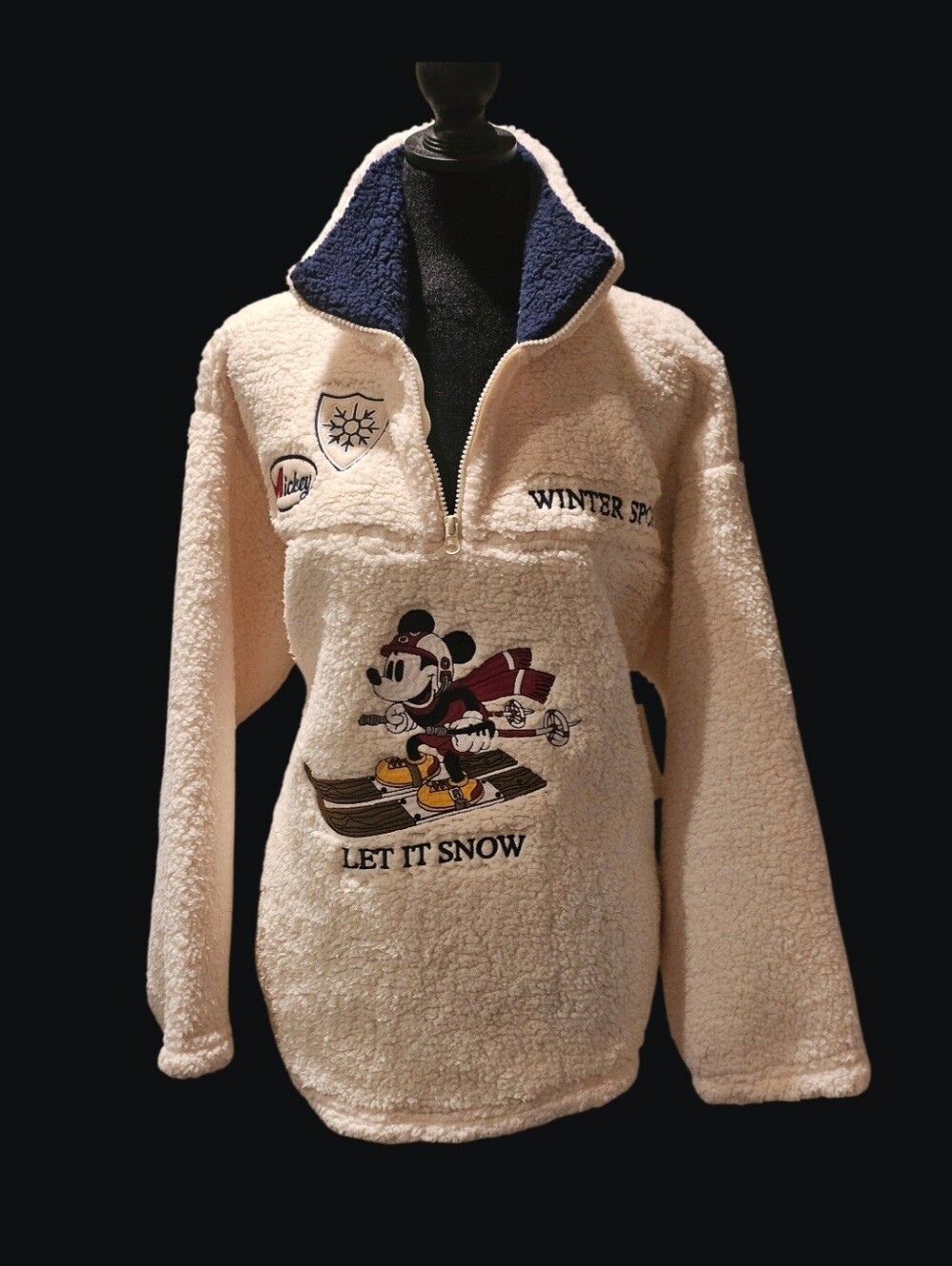 Disney Winter Sport Cream Sherpa Pullover Jacket with Navy Collar